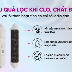 hiệu quả lọc khí clo và chất độc hại gấp 2 lần với lõi than hoạt tính trong máy lọc nước Mutosi